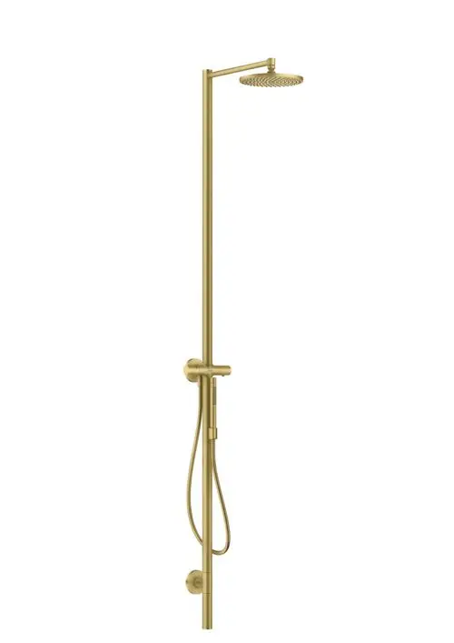 Duschsäule von AXOR mit Thermostat und einer runden Kopfbrause. Die Oberfläche ist in gebürstetem Messing gehalten, mit einem Schlauch für die Handbrause.